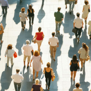 A dozen people walking in what appears to be a city center