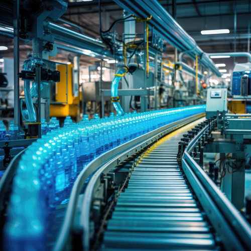Bottled water on a conveyor line in a manufacturing facility