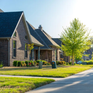 Sunny sidewalk in a suburban neighborhood